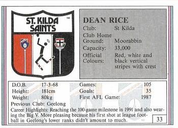 1992 AFL Regina #33 Dean Rice Back